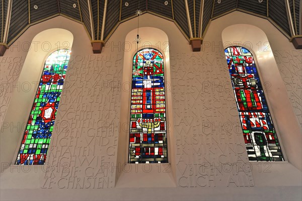 Speyer Cathedral, detailed view of the stained glass windows and the artistically designed wall with writing, Speyer Cathedral, Unesco World Heritage Site, foundation stone laid around 1030, Speyer, Rhineland-Palatinate, Germany, Europe