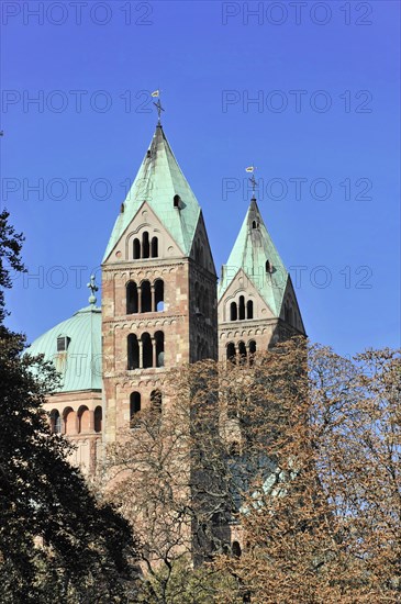 Speyer Cathedral, Medieval church with pointed towers under a clear blue sky, Speyer Cathedral, Unesco World Heritage Site, foundation stone laid around 1030, Speyer, Rhineland-Palatinate, Germany, Europe