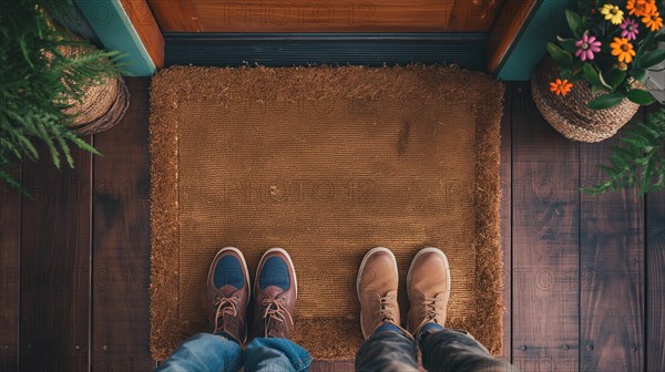 Blank welcome mat and two pair of feet at front door of house. generative AI, AI generated