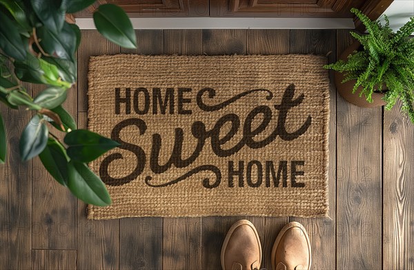 Home sweet home welcome mat at front door of house. generative AI, AI generated