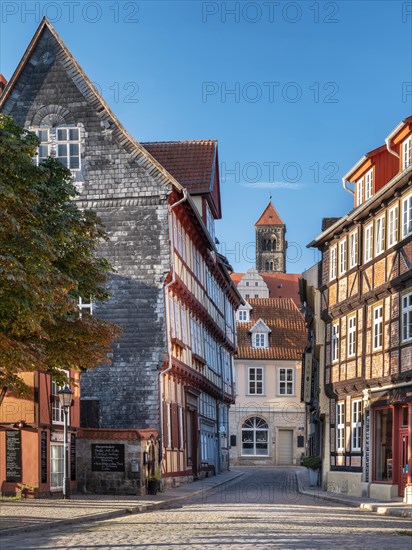 Narrow alley with half-timbered houses and cobblestones in the historic old town, behind the castle hill with the collegiate church, UNESCO World Heritage Site, Quedlinburg, Saxony-Anhalt, Germany, Europe