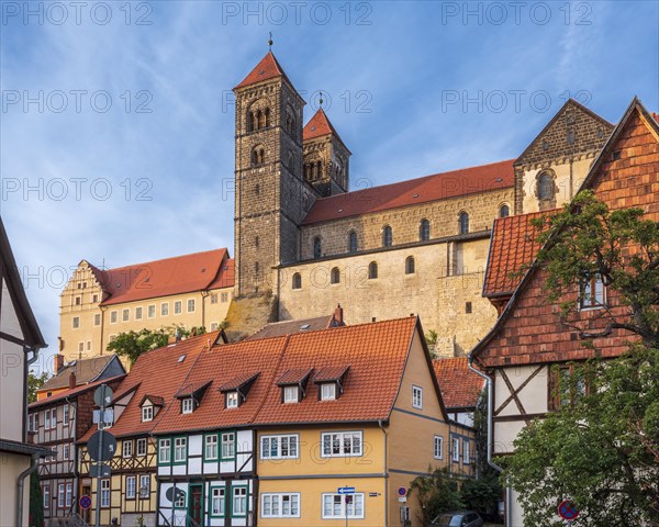 The castle hill with the collegiate church of St. Servatii above the half-timbered houses in the historic old town, UNESCO World Heritage Site, Quedlinburg, Saxony-Anhalt, Germany, Europe