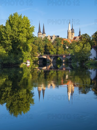 Merseburg Cathedral and Merseburg Castle reflected in the River Saale, Merseburg, Saxony-Anhalt, Germany, Europe