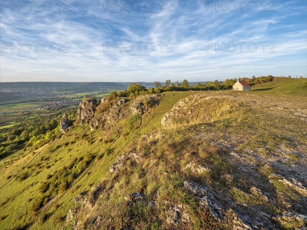 Evening on the Ehrenbuerg witness mountain, also known as Walberla, the Walburgis Chapel in the last light, Veldensteiner Forst nature park Park, Forchheim, Upper Franconia, Franconian Switzerland, Bavaria, Germany, Europe