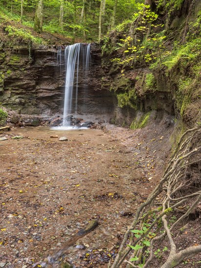 Small waterfall at Hoerschbach, Hoerschbach Valley, Swabian-Franconian Forest nature park Park, Murrhardt, Baden-Wuerttemberg, Germany, Europe