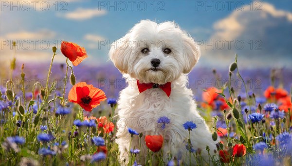 KI generated, animal, animals, mammal, mammals, Maltipoo (Canis lupus familiaris), dog, dogs, bitch, cross between poodle and Maltese, dwarf poodle, small poodle, flower meadow, puppy, white
