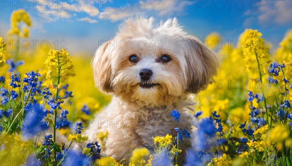 KI generated, animal, animals, mammal, mammals, Maltipoo (Canis lupus familiaris), dog, dogs, bitch, cross between poodle and Maltese, dwarf poodle, small poodle, flower meadow, puppy, cream, white