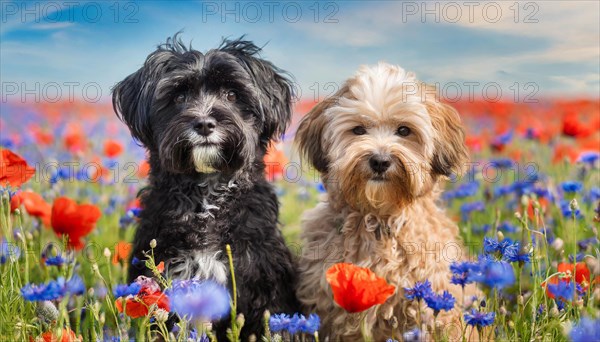 KI generated, animal, animals, mammal, mammals, Maltipoo (Canis lupus familiaris), dog, dogs, bitch, cross between poodle and Maltese, dwarf poodle, small poodle, flower meadow, two, pair, cream, black