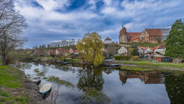 View over the Havel moat to Havelberg with St. Mary's Cathedral, Havelberg, Saxony-Anhalt, Germany, Europe