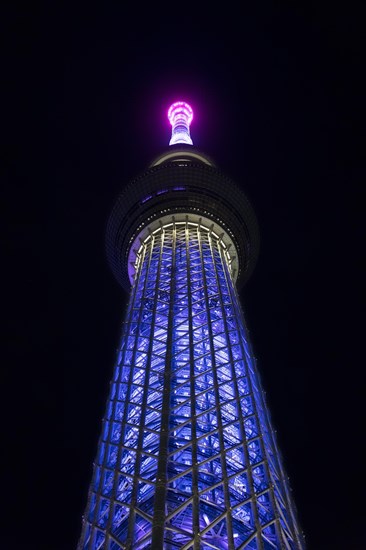 634 meters high Tokyo Skytree, broadcasting and observation tower in Sumida illuminated at night in the city Tokyo, Japan, Asia