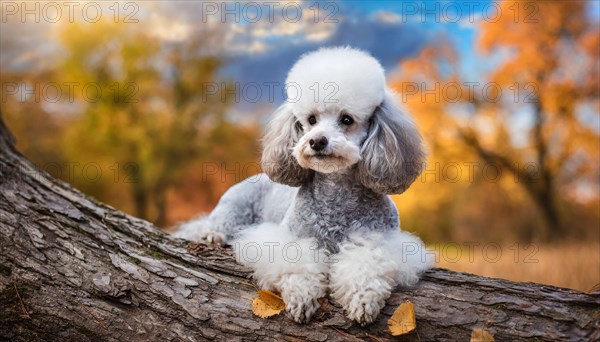 KI generated, animals, mammals, dog, domestic dogs (Canis lupus familiaris), white-silver, autumn