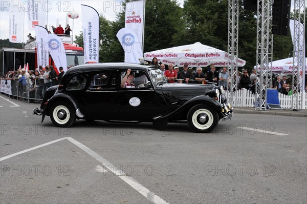 An elegant black and white vintage limousine takes part in a race, SOLITUDE REVIVAL 2011, Stuttgart, Baden-Wuerttemberg, Germany, Europe