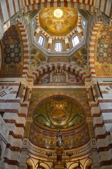 Interior view, Marseille Cathedral or Cathedrale Sainte-Marie-Majeure de Marseille, 1852-1896, Marseille, View into the interior of the church with a colourful ceiling, frescoes and columns, Marseille, Departement Bouches-du-Rhone, Region Provence-Alpes-Cote d'Azur, France, Europe