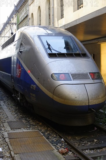 TGV at Marseille-Saint-Charles station, Marseille, blue TGV high-speed train at a platform station, Marseille, Departement Bouches-du-Rhone, Provence-Alpes-Cote d'Azur region, France, Europe