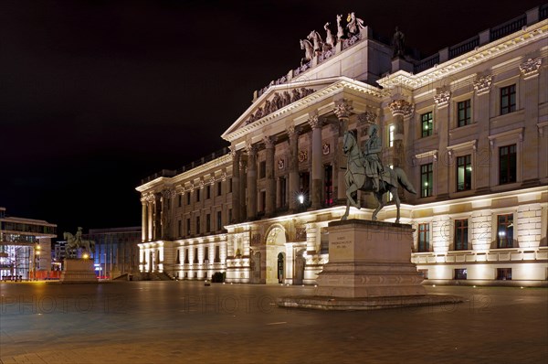 Replica of Brunswick Castle and equestrian statue at night, shopping centre, Brunswick, Lower Saxony, Germany, Europe