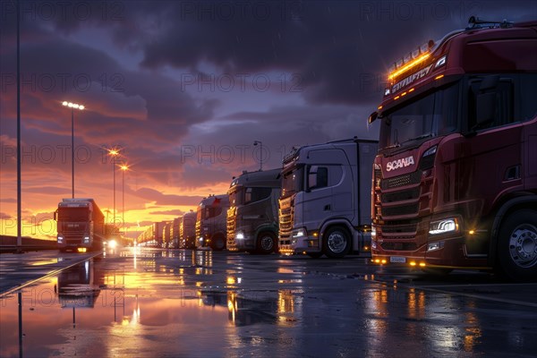 Many trucks in international long-distance traffic park at night, on weekends and over the holidays in a congested, overcrowded motorway service area, symbolic image for precarious parking situation, parking shortage for long-distance drivers, truck drivers, truckers on German motorways, AI generated, AI generated, AI generated