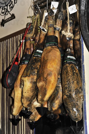 Jaen, Several cured hams hanging from ceiling hooks in a Spanish shop, Jaen, Andalusia, Spain, Europe