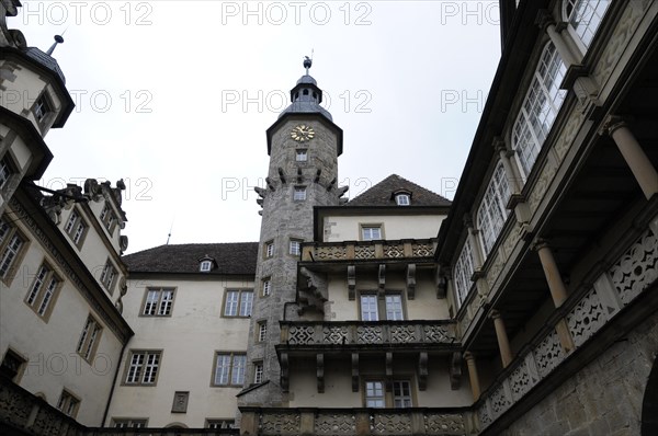 Langenburg Castle, A view of a castle with a tower and half-timbered elements under a grey sky, Langenburg Castle, Langenburg, Baden-Wuerttemberg, Germany, Europe