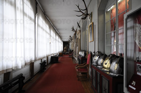 Langenburg Castle, Long corridor of a historic building with a collection of helmets and antlers, Langenburg Castle, Langenburg, Baden-Wuerttemberg, Germany, Europe