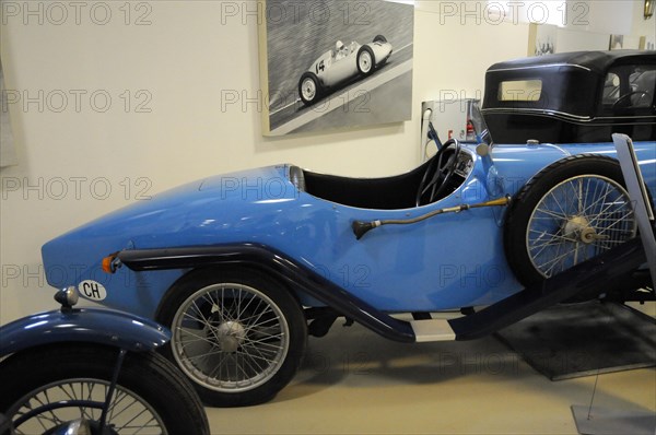 Deutsches Automuseum Langenburg, A blue classic racing car on display in a museum, Deutsches Automuseum Langenburg, Langenburg, Baden-Wuerttemberg, Germany, Europe