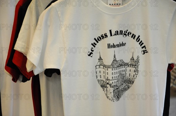 Deutsches Automuseum Langenburg, A white T-shirt with a print of Langenburg Castle, displayed on a clothes rack, Deutsches Automuseum Langenburg, Langenburg, Baden-Wuerttemberg, Germany, Europe