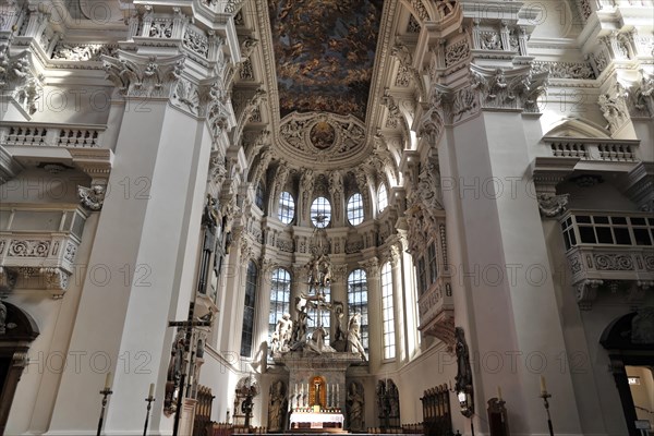St Stephan's Cathedral, Passau, interior view of a church with an impressive dome and fresco decoration, Passau, Bavaria, Germany, Europe