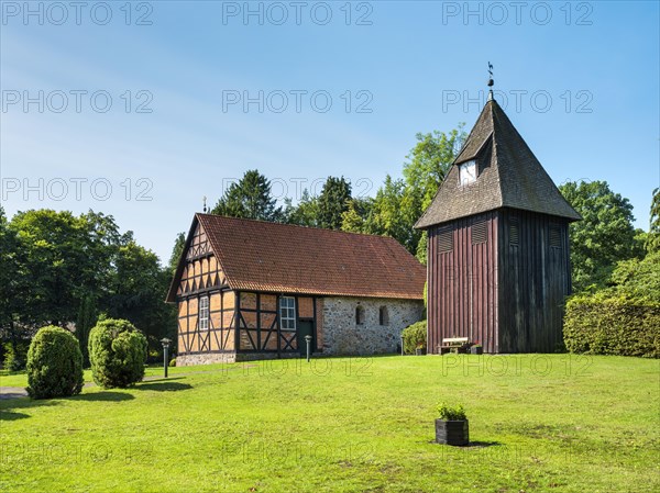 Half-timbered church and free-standing bell tower, Undeloh, Lueneburg Heath, Lower Saxony, Germany, Europe
