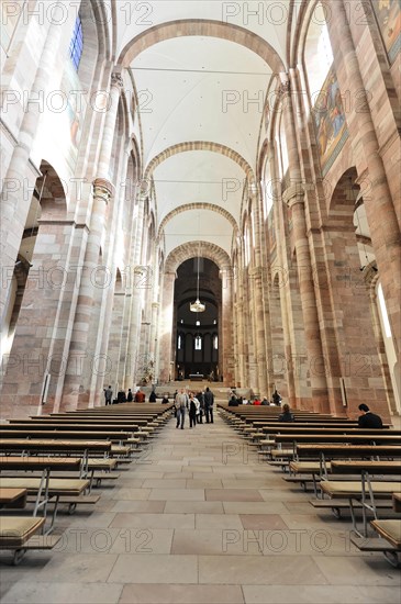 Speyer Cathedral, Wide church interior with visitors and an impressive pillar structure in daylight, Speyer Cathedral, Unesco World Heritage Site, foundation stone laid around 1030, Speyer, Rhineland-Palatinate, Germany, Europe