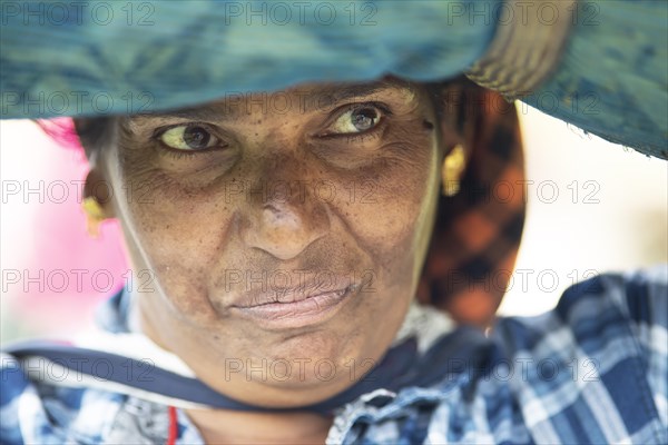 Indian tea picker carrying a large bag of tea leaves on her head, portrait, Munnar, Kerala, India, Asia