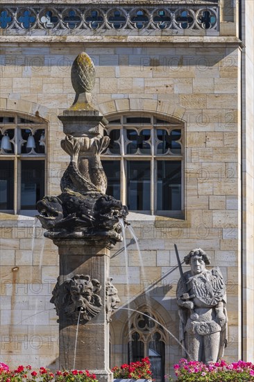 The wooden market fountain at the town hall with the Roland statue, Halberstadt, Saxony-Anhalt, Germany, Europe