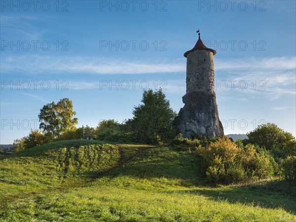 Defence defence tower Steinerner Beutel at Waischenfeld Castle, Waischenfeld, Upper Franconia, Franconian Switzerland, Bavaria, Germany, Europe