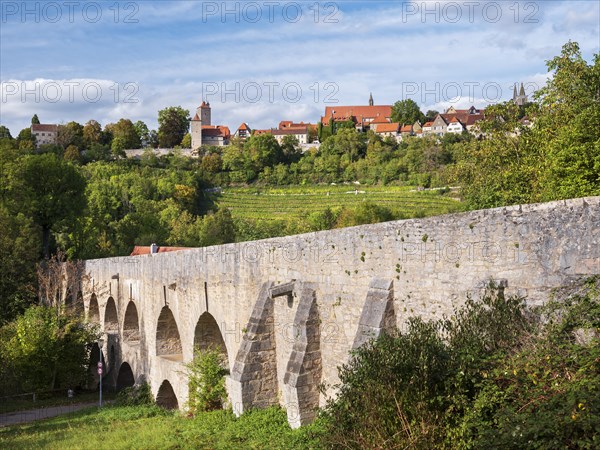 View from the medieval double bridge in the Tauber Valley, Tauberbruecke, of the historic old town, Rothenburg ob der Tauber, Middle Franconia, Bavaria, Germany, Europe