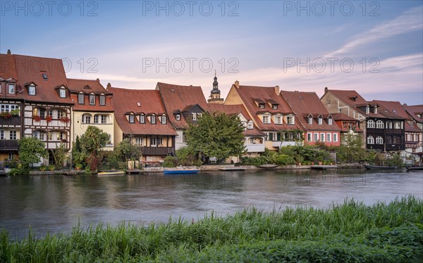 Row of houses Little Venice on the banks of the Pegnitz in the evening, Bamberg, Upper Franconia, Bavaria, Germany, Europe