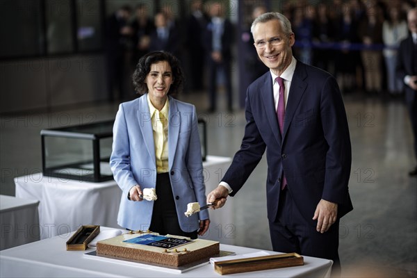 (L-R) Hadja Lahbib, Foreign Minister of Belgium, and Jens Stoltenberg, Secretary General of the North Atlantic Council, photographed during the ceremony to mark the 75th anniversary of the signing of the founding document of the North Atlantic Treaty. Brussels, 04.04.2024. Photographed on behalf of the Federal Foreign Office