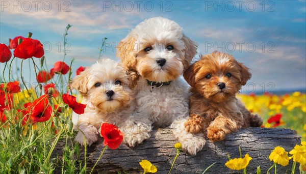 KI generated, animal, animals, mammal, mammals, Maltipoo (Canis lupus familiaris), dog, dogs, bitch, cross between poodle and Maltese, dwarf poodle, small poodle, flower meadow, tree trunk, one bitch and two puppies
