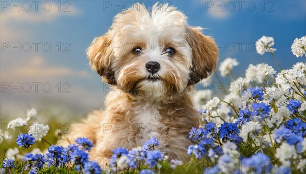 KI generated, animal, animals, mammal, mammals, Maltipoo (Canis lupus familiaris), dog, dogs, bitch, cross between poodle and Maltese, dwarf poodle, small poodle, flower meadow, puppy, cream, white, cornflowers