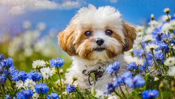 KI generated, animal, animals, mammal, mammals, Maltipoo (Canis lupus familiaris), dog, dogs, bitch, cross between poodle and Maltese, dwarf poodle, small poodle, flower meadow, puppy, cream, white, cornflowers