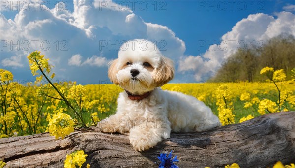 KI generated, animal, animals, mammal, mammals, Maltipoo (Canis lupus familiaris), dog, dogs, bitch, cross between poodle and Maltese, dwarf poodle, small poodle, flower meadow, tree trunk, small puppy lying on tree trunk in front of rape field