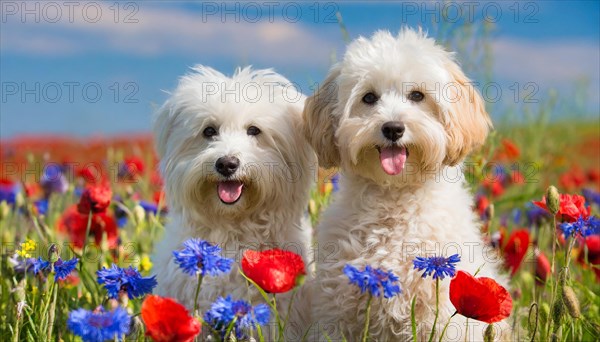 KI generated, animal, animals, mammal, mammals, Maltipoo (Canis lupus familiaris), dog, dogs, bitch, cross between poodle and Maltese, dwarf poodle, small poodle, flower meadow, two, pair, cream, white, cornflowers, poppies