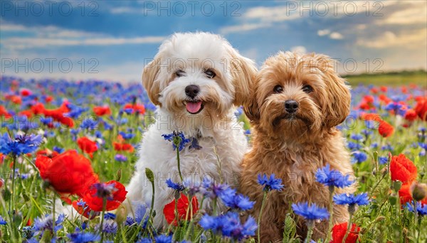 KI generated, animal, animals, mammal, mammals, Maltipoo (Canis lupus familiaris), dog, dogs, bitch, cross between poodle and Maltese, dwarf poodle, small poodle, flower meadow, two, bitch with puppy