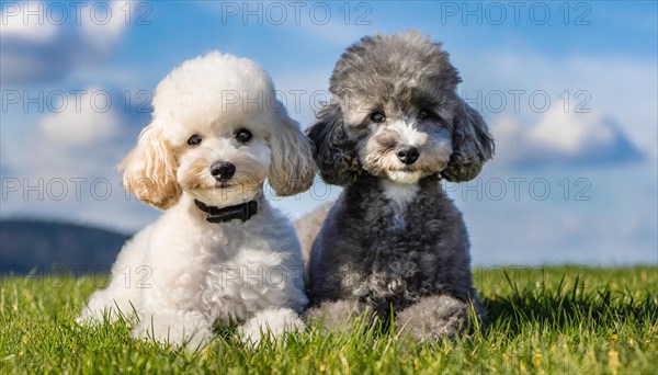 KI generated, animals, mammals, dog, domestic dogs (Canis lupus familiaris), two animals, white, black-silver