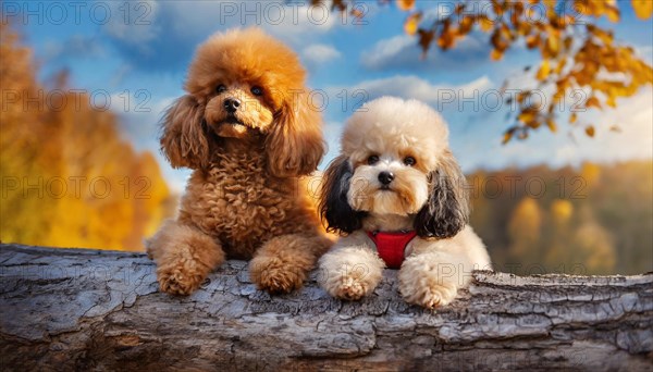 AI generated, animals, mammals, dog, domestic dogs (Canis lupus familiaris), two animals, cream-coloured, apricot, red fawn, red