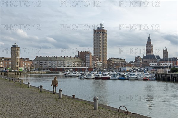 Boats, marina, skyscraper, houses, Tour du Leughenaer, Liar's Tower, Hotel de Ville tower, town hall, Belfry, Dunkirk, France, Europe