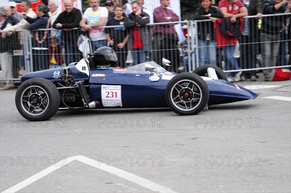 A blue formula racing car with the number 231 drives past spectators, SOLITUDE REVIVAL 2011, Stuttgart, Baden-Wuerttemberg, Germany, Europe