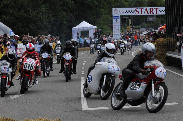Motorcyclist at the starting line of a race with spectators in the background, SOLITUDE REVIVAL 2011, Stuttgart, Baden-Wuerttemberg, Germany, Europe
