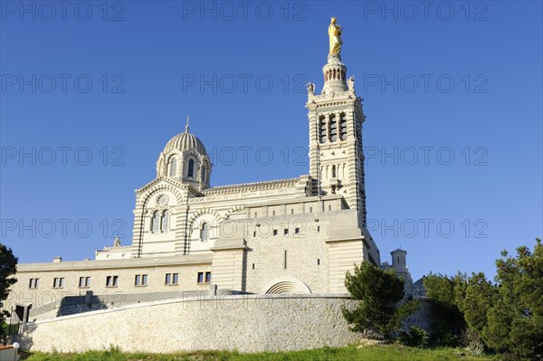 Church of Notre-Dame de la Garde, Marseille, Large historic church under a cloudless blue sky, Marseille, Departement Bouches-du-Rhone, Region Provence-Alpes-Cote d'Azur, France, Europe