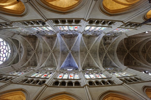 Church of Saint-Vincent-de-Paul, view upwards into the vault of a church with stained glass windows and Gothic elements, Marseille, Departement Bouches-du-Rhone, Provence-Alpes-Cote d'Azur region, France, Europe