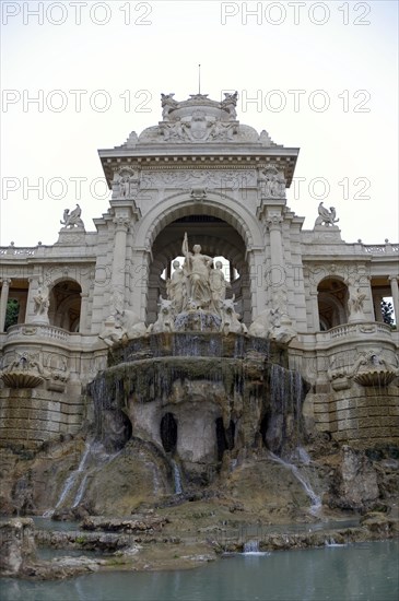 Palais Longchamp, Marseille, view of an imposing fountain with sculptures in front of a historic palace facade, Marseille, Departement Bouches-du-Rhone, Provence-Alpes-Cote d'Azur region, France, Europe