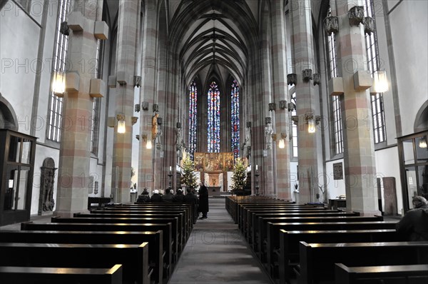 Interior, altar of St Mary's Chapel, market square, Wuerzburg, view through the nave with pews and candlesticks to the altar, Wuerzburg, Lower Franconia, Bavaria, Germany, Europe