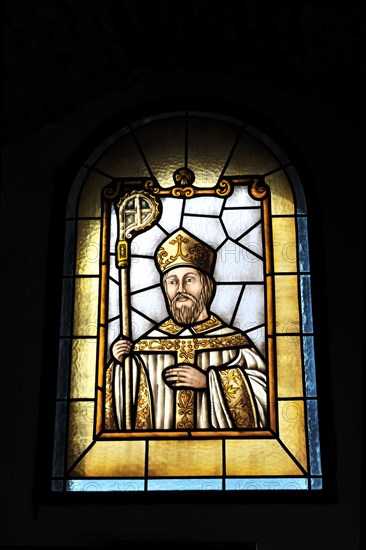 Castillo de Santa Catalina in Jaen, An artistic stained glass window with the portrait of a saint, Granada, Andalusia, Spain, Europe